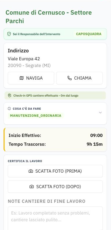PWA mobile: check-in GPS e rapportino